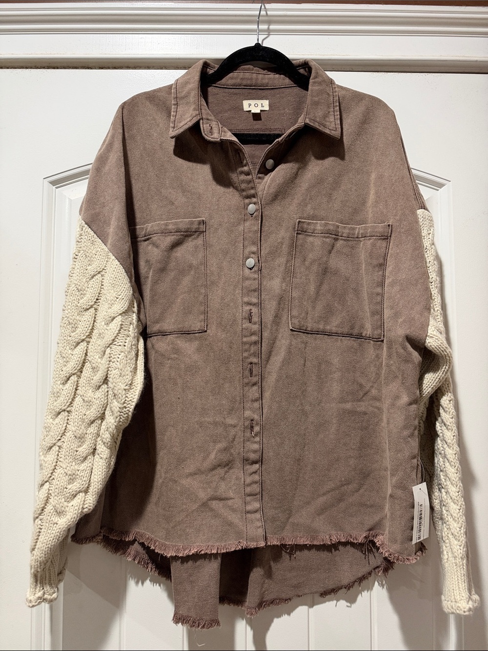 POL Two-Tone Taupe Jacket with Cream Cable Knit Sleeves